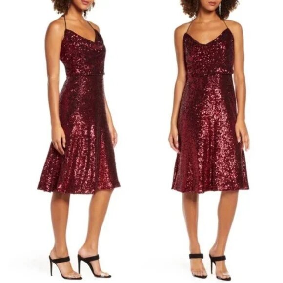 NWT Dress the Population Zherra Halter Neck Ruby Red Sequined Gown Dress Sz. M - Picture 1 of 11